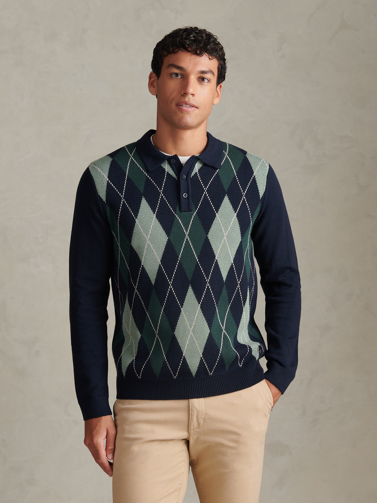 Mens Argyle Knit Long Sleeve Polo Shirt Dark Sapphire Navy