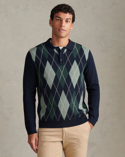 Mens Argyle Knit Long Sleeve Polo Shirt Dark Sapphire Navy