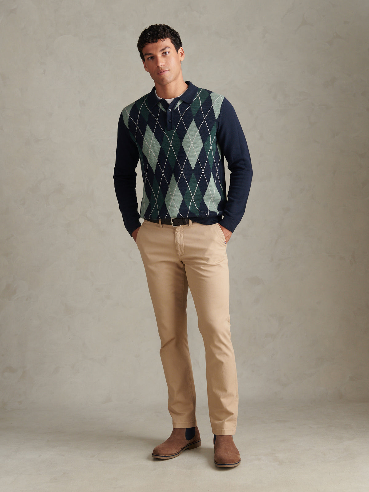 Mens Argyle Knit Long Sleeve Polo Shirt Dark Sapphire Navy