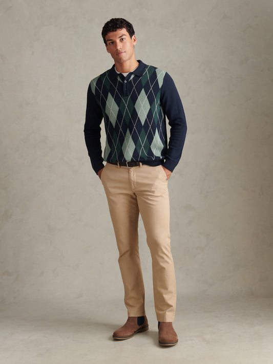 Mens Argyle Knit Long Sleeve Polo Shirt Dark Sapphire Navy