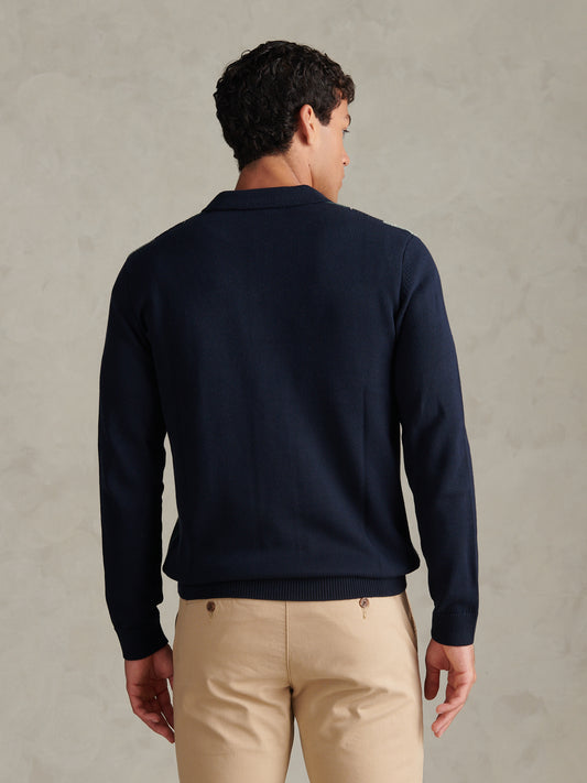 Mens Argyle Knit Long Sleeve Polo Shirt Dark Sapphire Navy