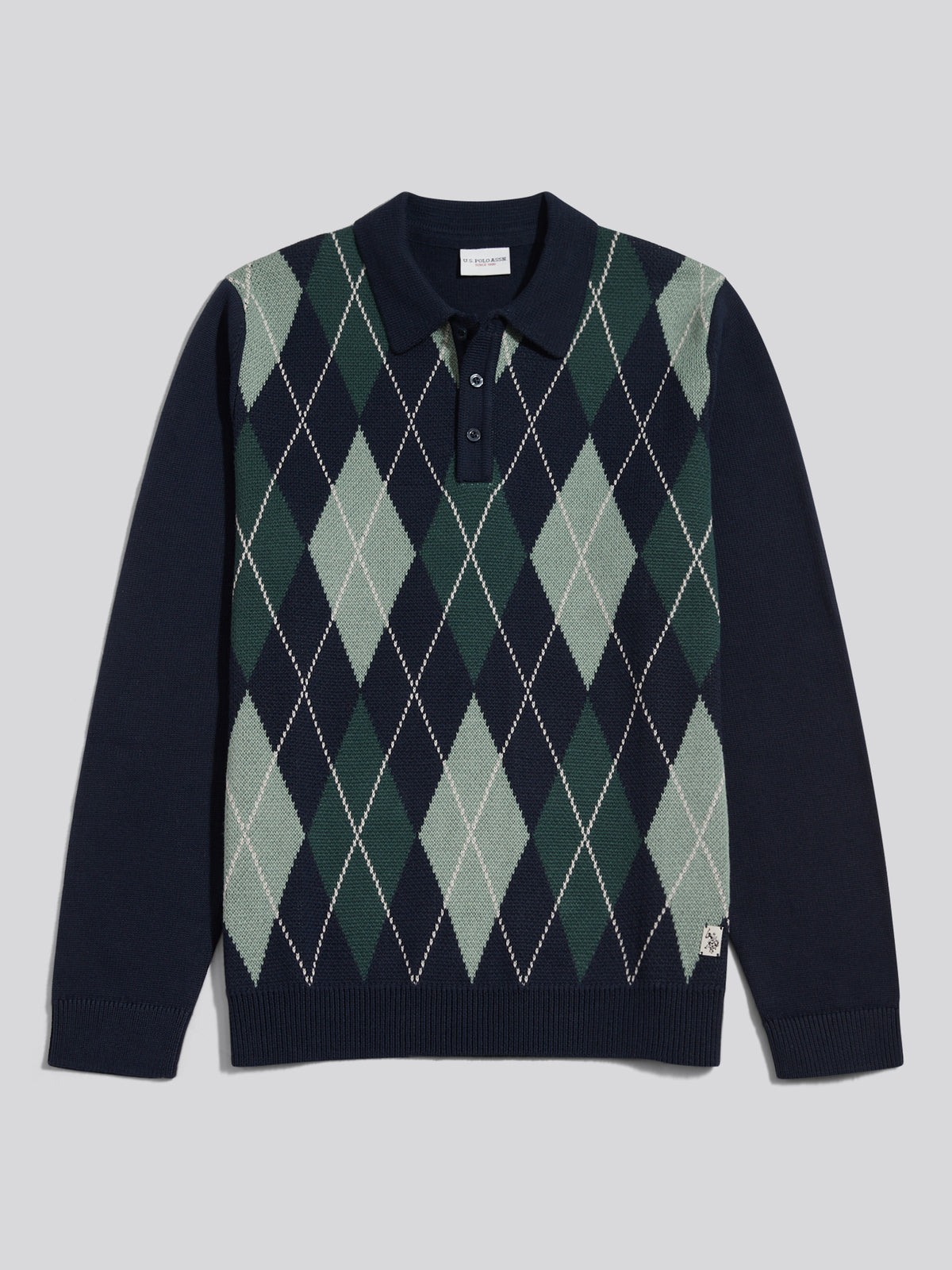 Mens Argyle Knit Long Sleeve Polo Shirt Dark Sapphire Navy