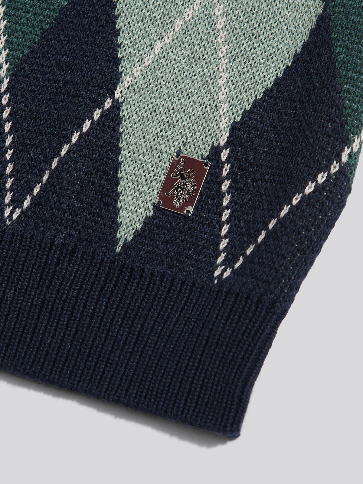 Mens Argyle Knit Long Sleeve Polo Shirt Dark Sapphire Navy
