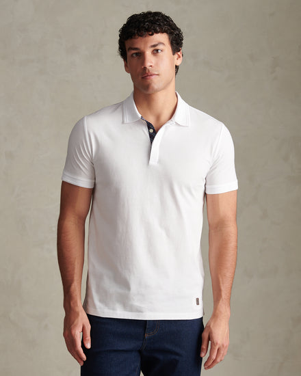 Mens Check Trim Mercerised Cotton Polo Shirt Bright White