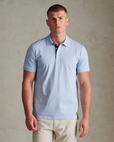 Mens Check Trim Mercerised Cotton Polo Shirt Chambray Blue