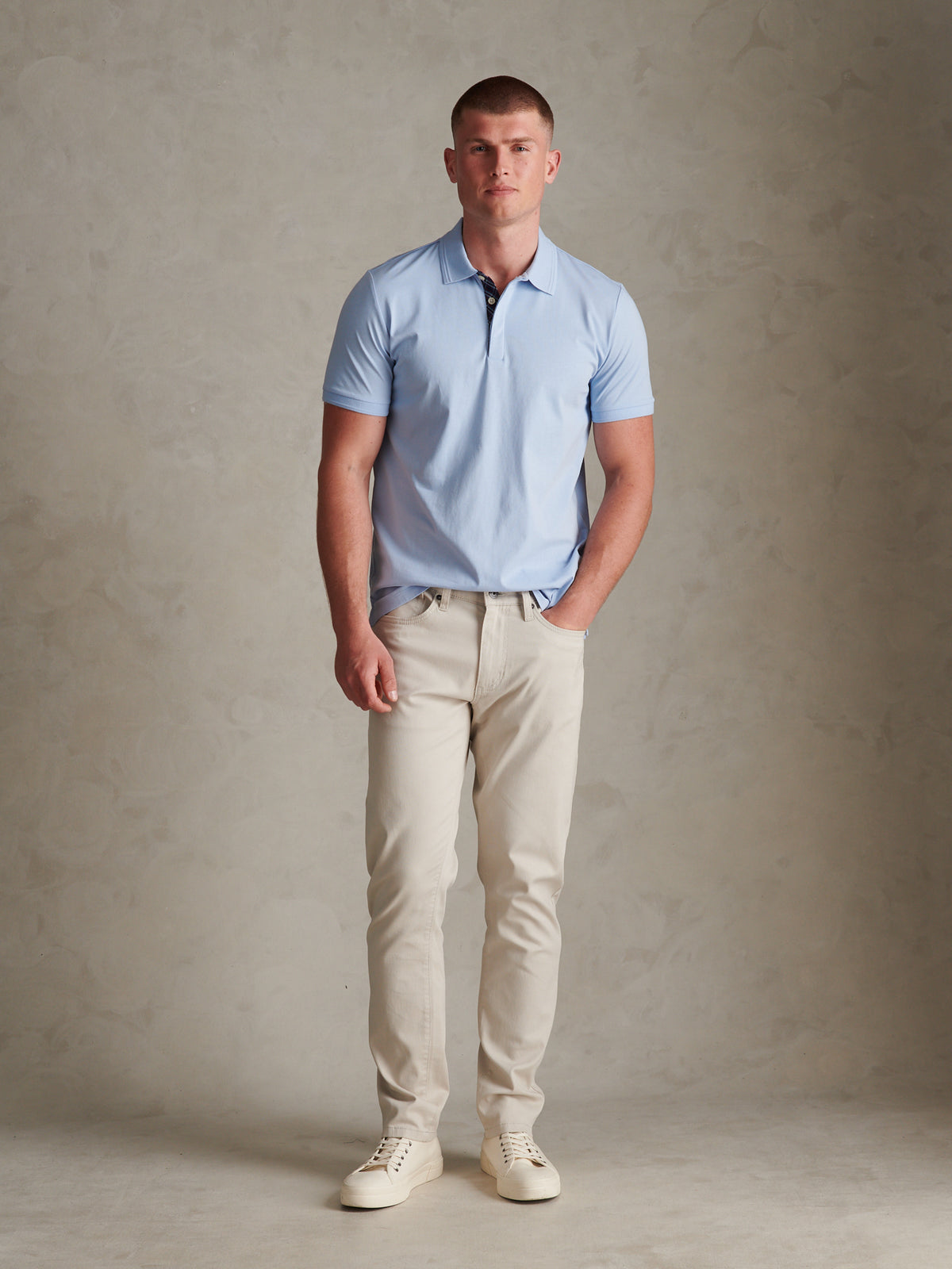 Mens Check Trim Mercerised Cotton Polo Shirt Chambray Blue