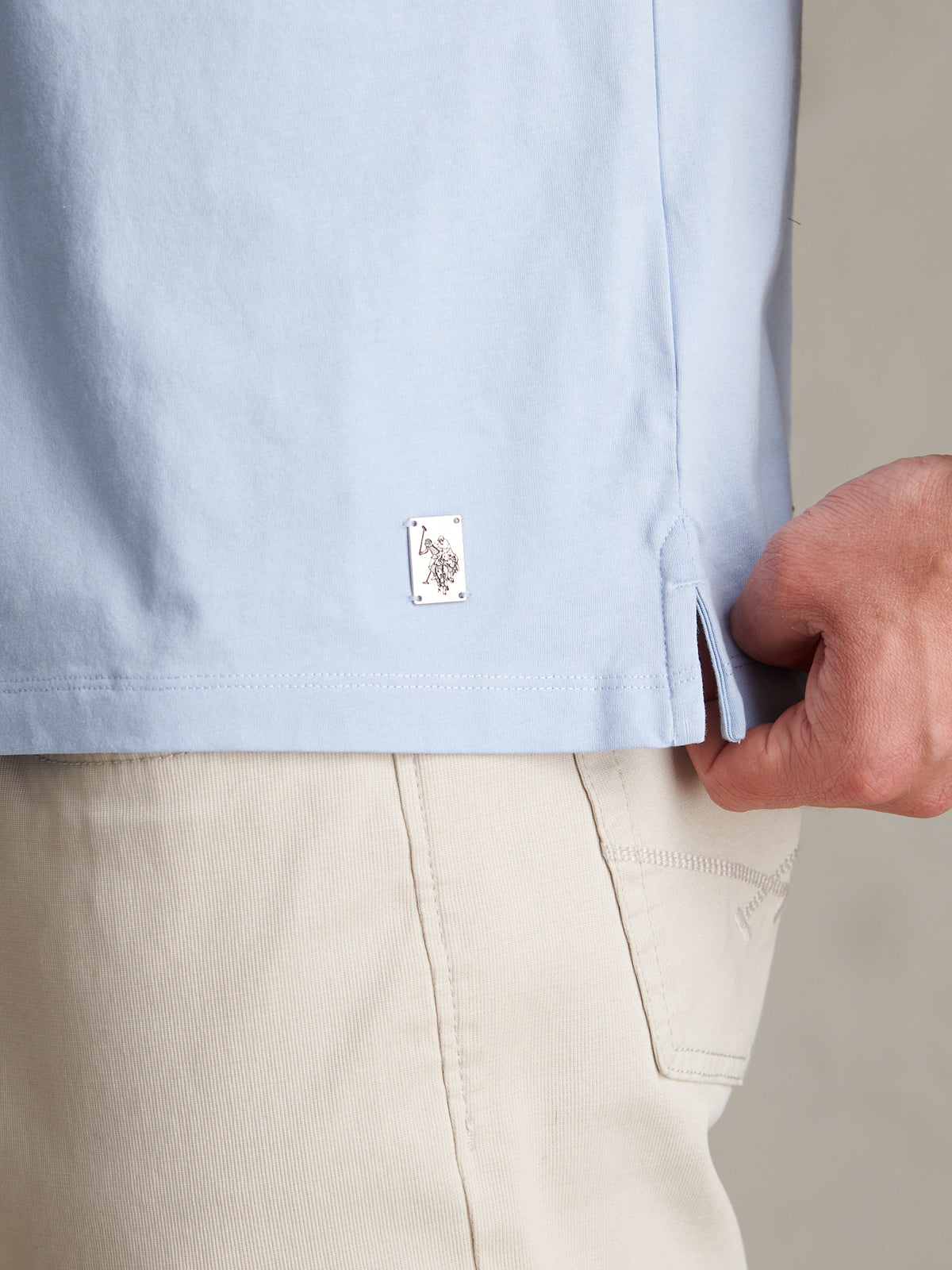Mens Check Trim Mercerised Cotton Polo Shirt Chambray Blue