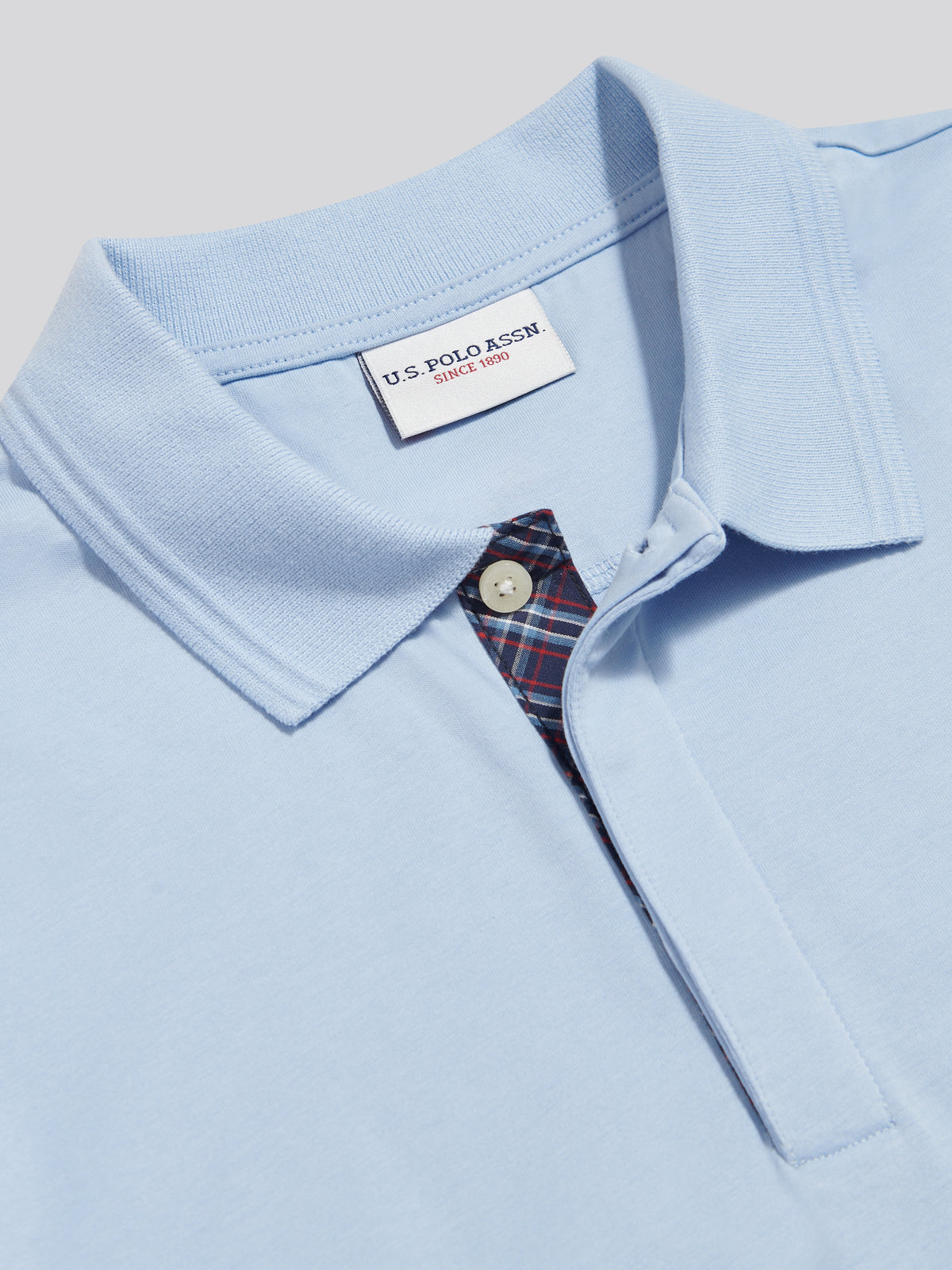 Mens Check Trim Mercerised Cotton Polo Shirt Chambray Blue