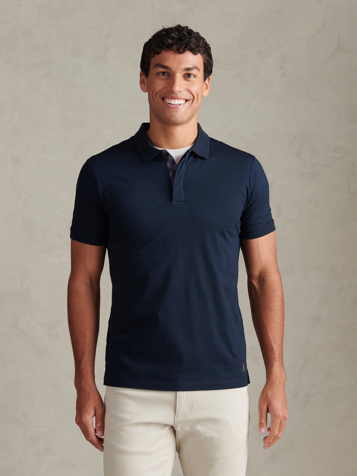 Mens Check Trim Mercerised Cotton Polo Shirt Dark Sapphire Navy