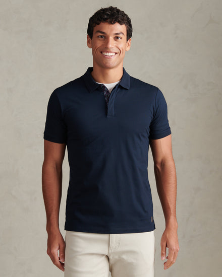 Mens Check Trim Mercerised Cotton Polo Shirt Dark Sapphire Navy