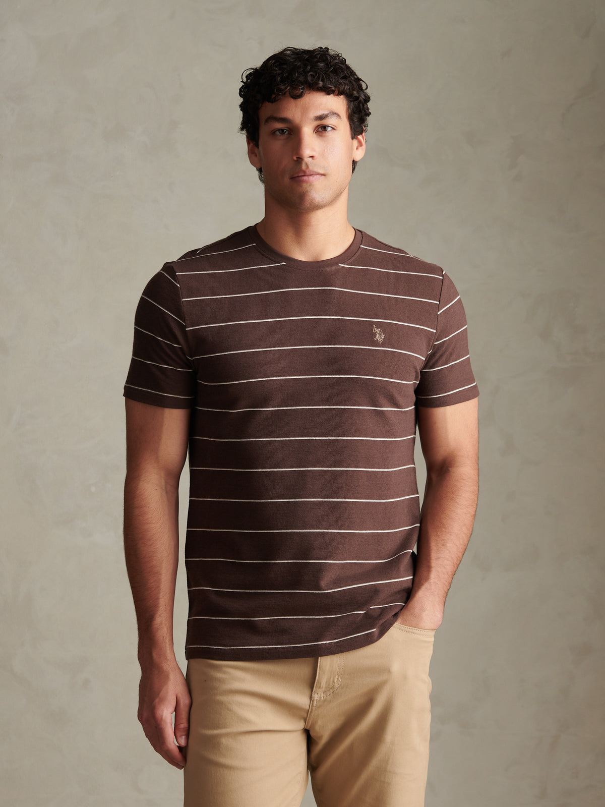 Mens Flat Pile Terry Narrow Stripe T-Shirt Bracken