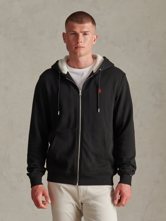 Mens Borg-Lined Zip-Through Hoodie Black / Haute Red DHM