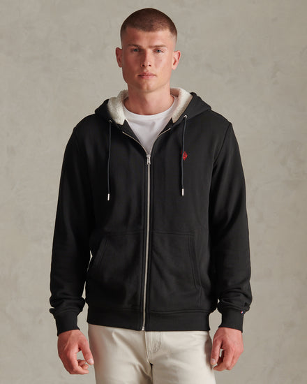 Mens Borg-Lined Zip-Through Hoodie Black / Haute Red DHM