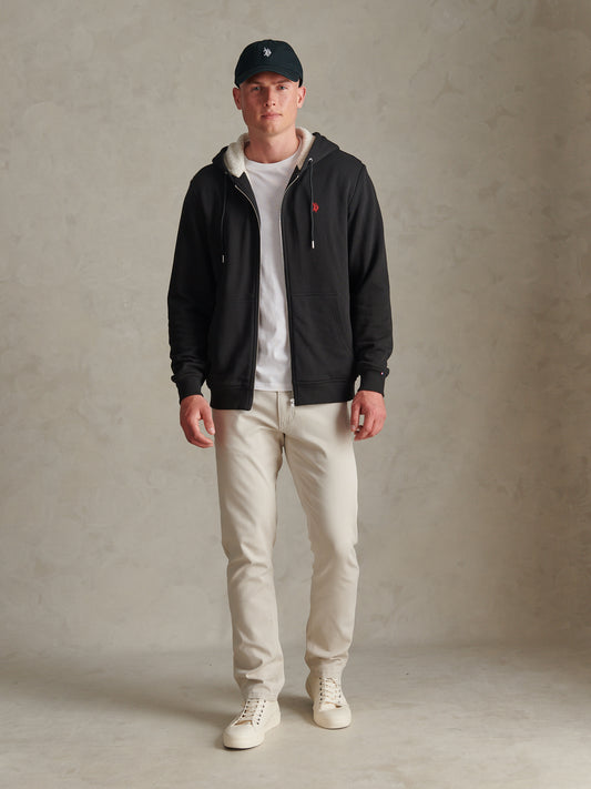 Mens Borg-Lined Zip-Through Hoodie Black / Haute Red DHM