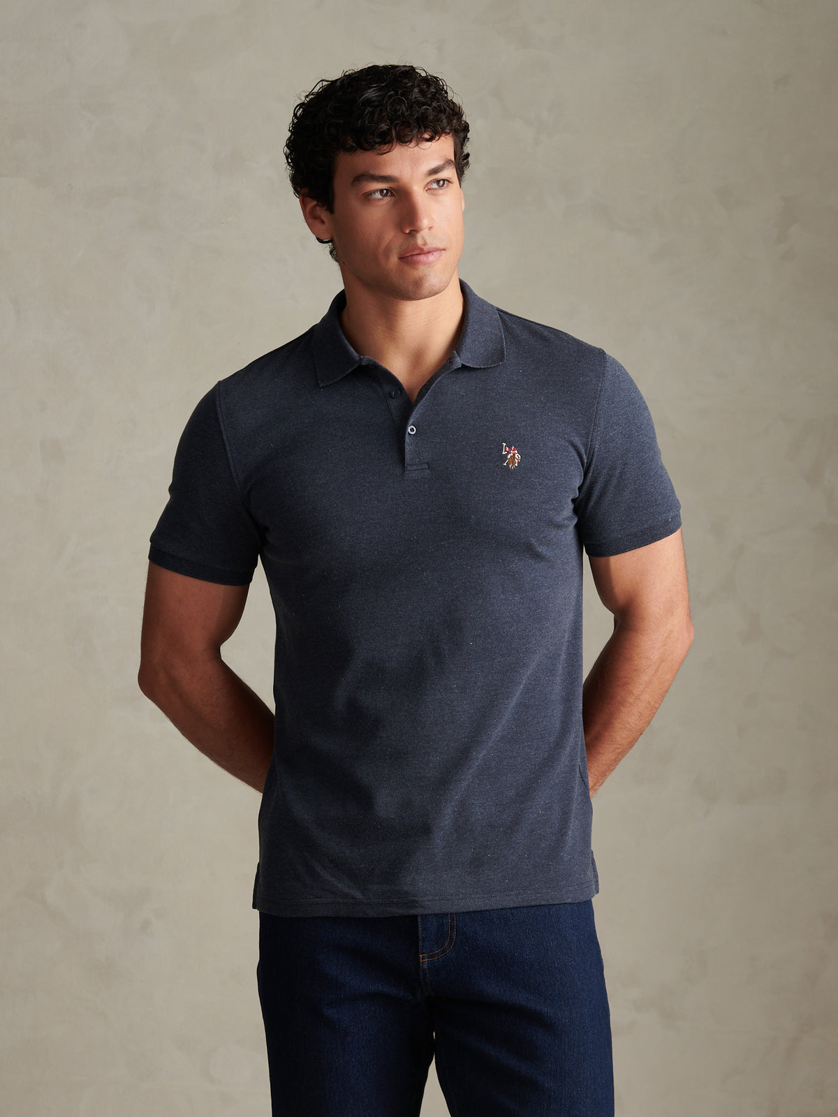 Mens Double Horsemen Brushed Jersey Polo Shirt Dark Sapphire Navy / Multi Coloured DHM