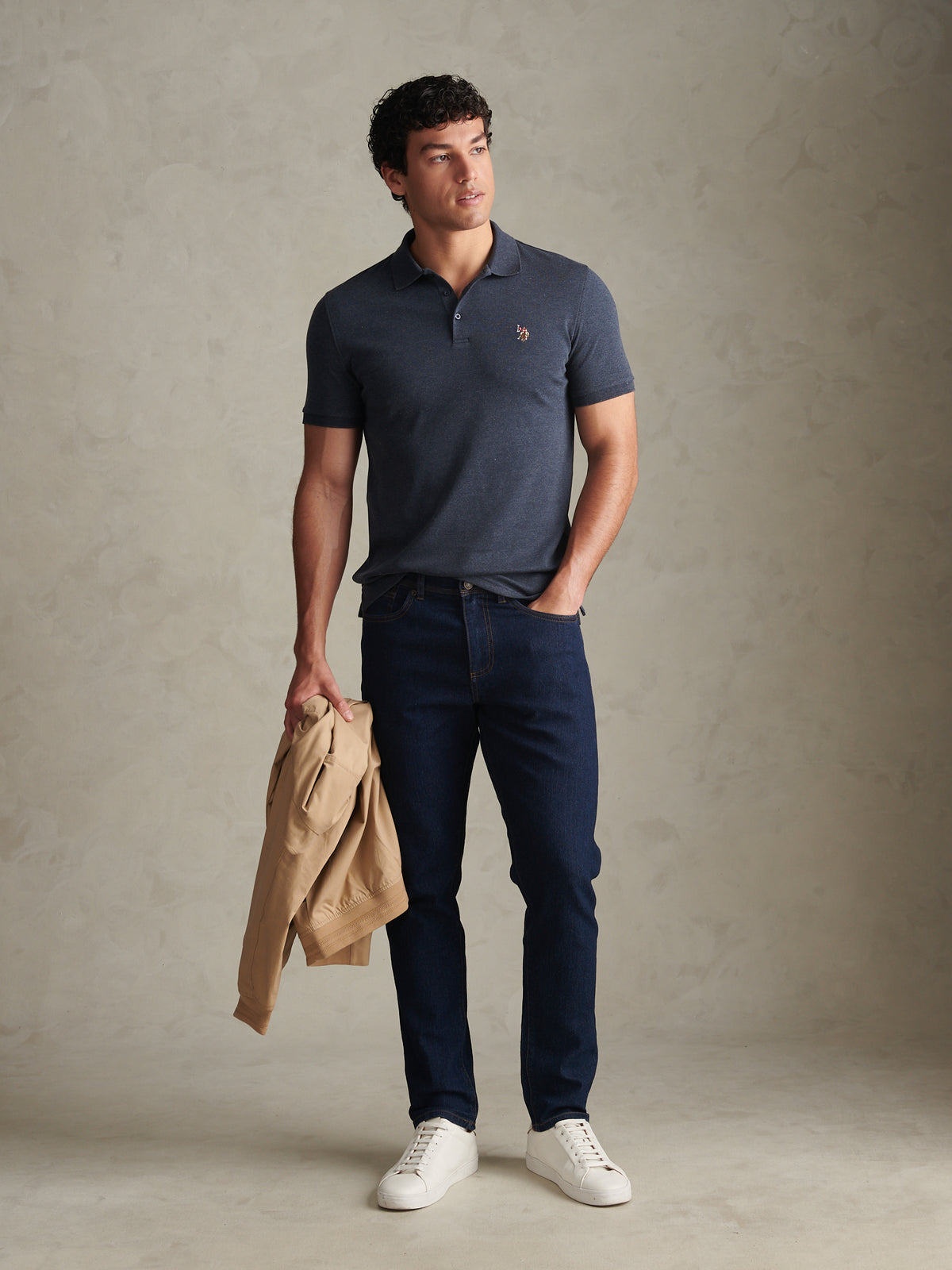 Mens Double Horsemen Brushed Jersey Polo Shirt Dark Sapphire Navy / Multi Coloured DHM