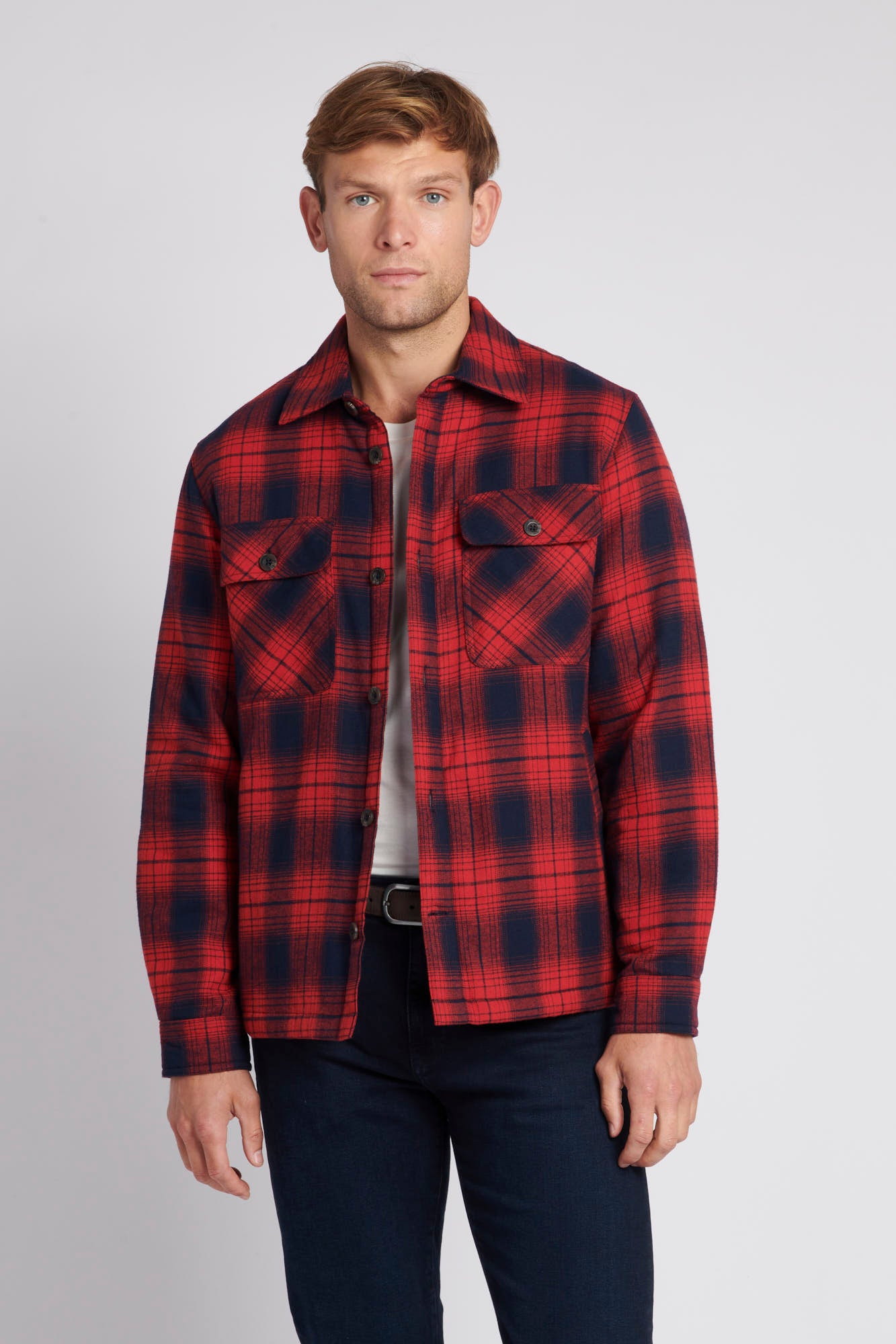 Mens Ombre Brushed Twill Check Shacket in Haute Red
