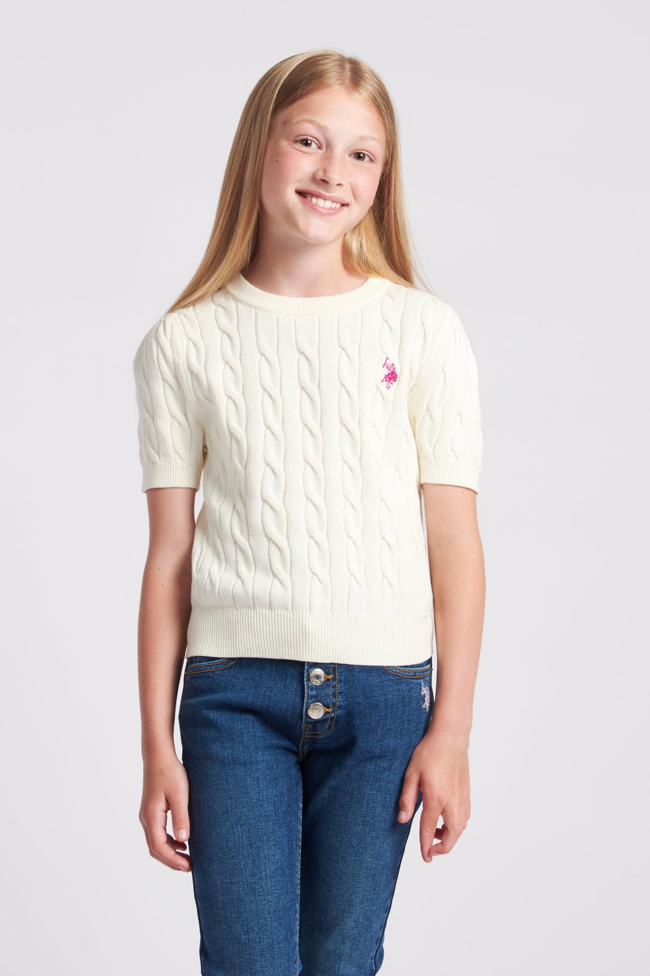 U.S. Polo Assn. Girls Cable Knit Short Sleeve Jumper in Egret – U.S. Polo  Assn. UK