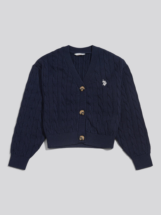 Girls Cable Knit Cardigan Navy Iris