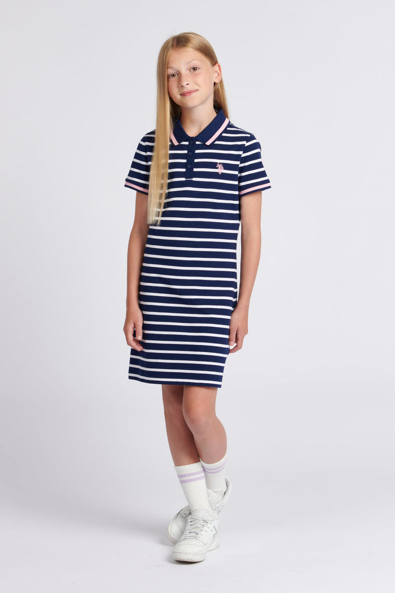 Girls Stripe Polo Dress in Medieval Blue