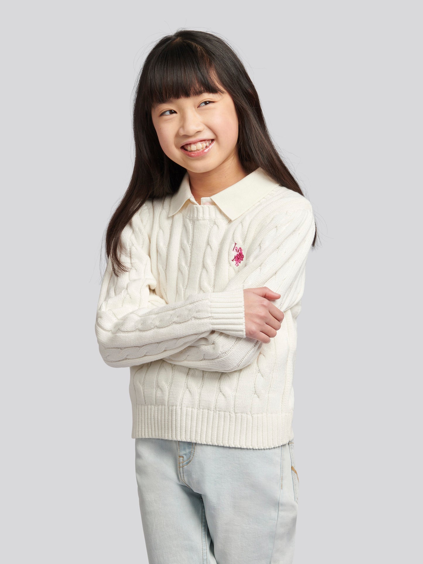 Girls Crew Neck Cable Knit Jumper in Marshmallow