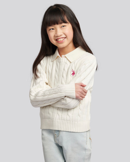 Girls Crew Neck Cable Knit Jumper in Marshmallow