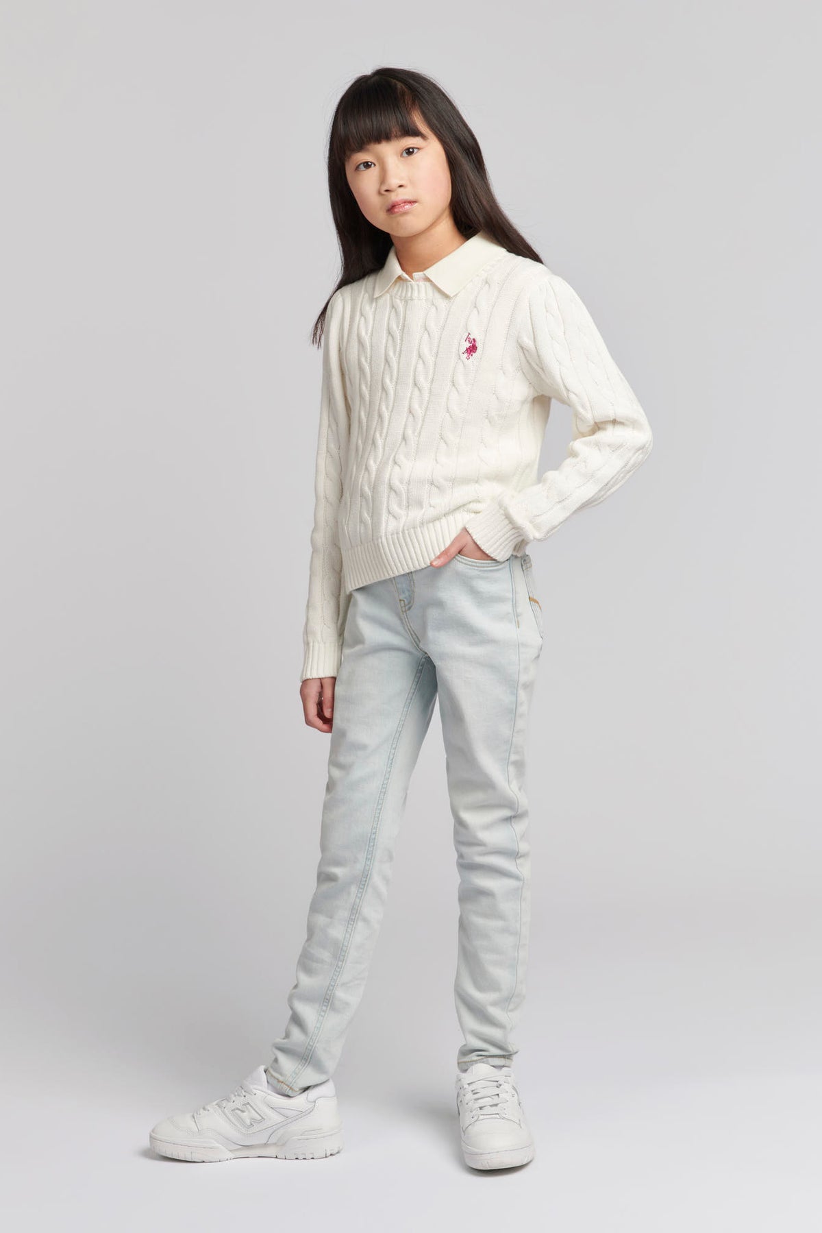 Girls Crew Neck Cable Knit Jumper in Marshmallow