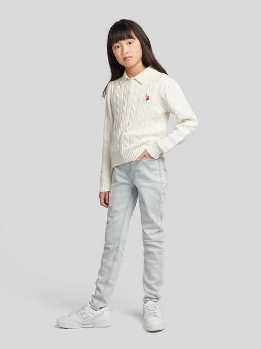 Girls Crew Neck Cable Knit Jumper in Marshmallow