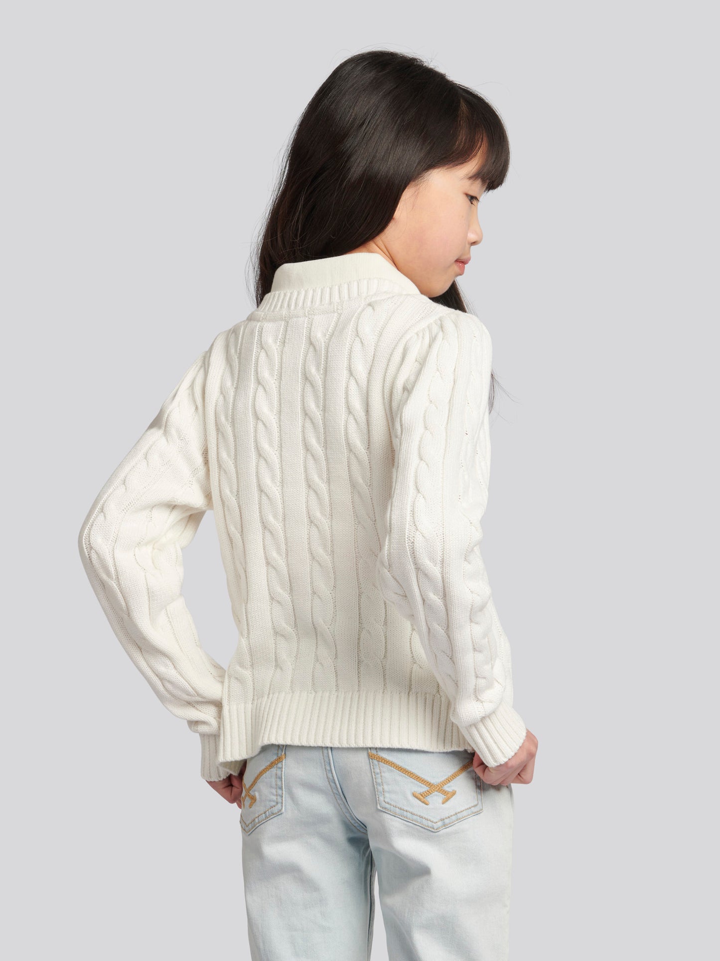 Girls Crew Neck Cable Knit Jumper in Marshmallow