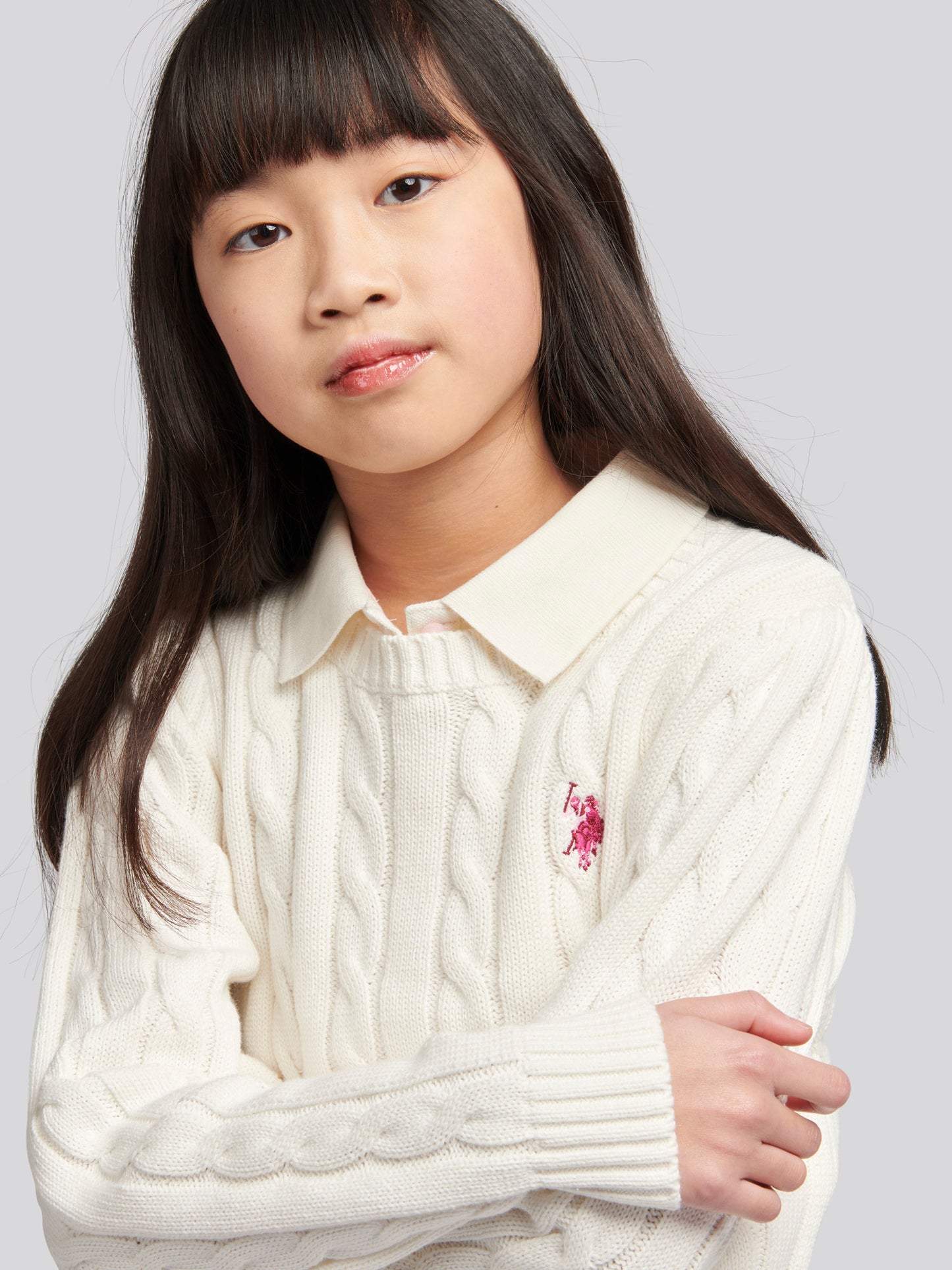 Girls Crew Neck Cable Knit Jumper in Marshmallow