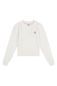 Girls Crew Neck Cable Knit Jumper in Marshmallow