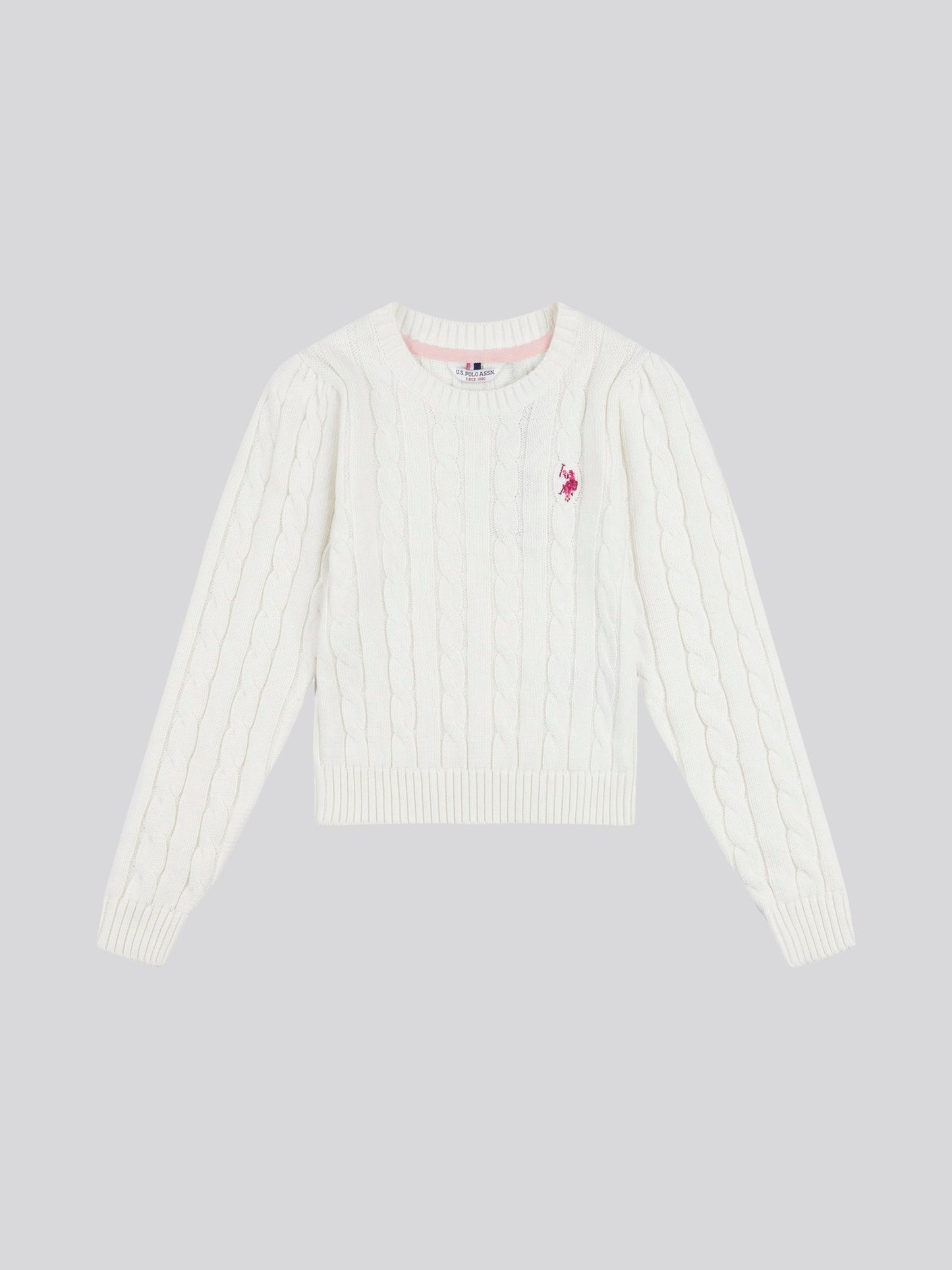 Girls Crew Neck Cable Knit Jumper in Marshmallow