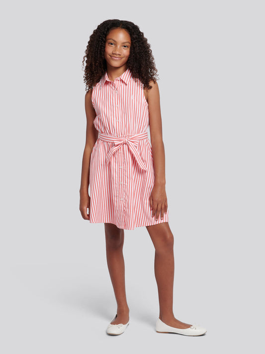 Girls Striped Sleeveless Shirt Dress in Sugar Coral