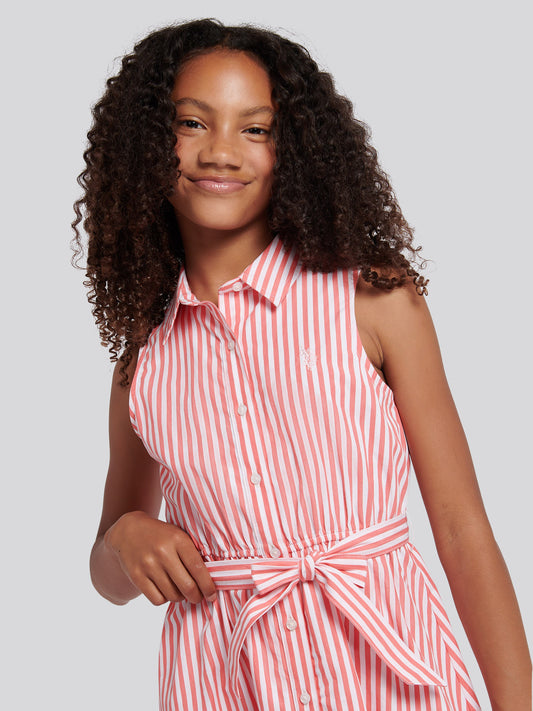 Girls Striped Sleeveless Shirt Dress in Sugar Coral