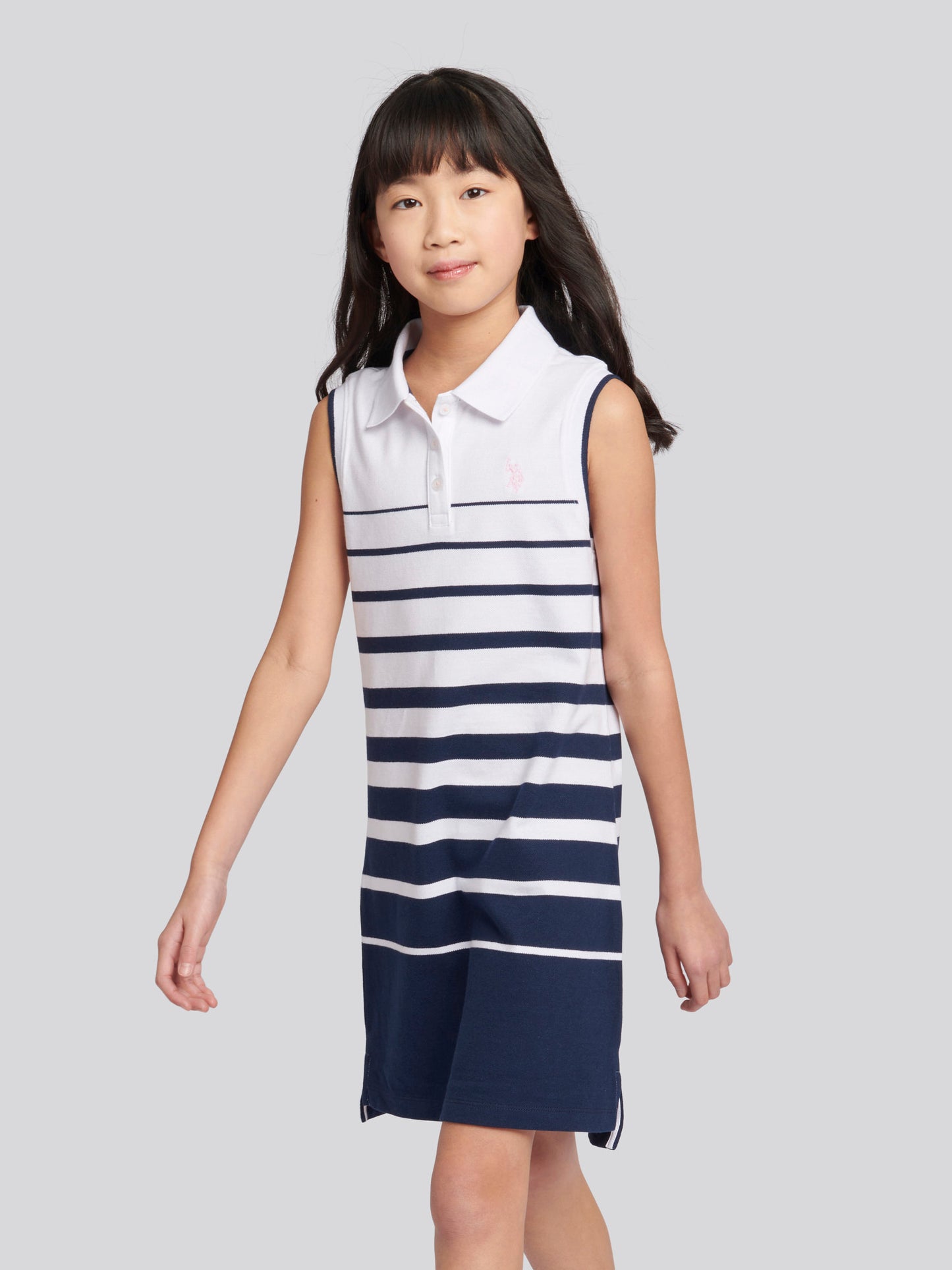 Girls Striped Sleeveless Polo Dress in Navy Iris
