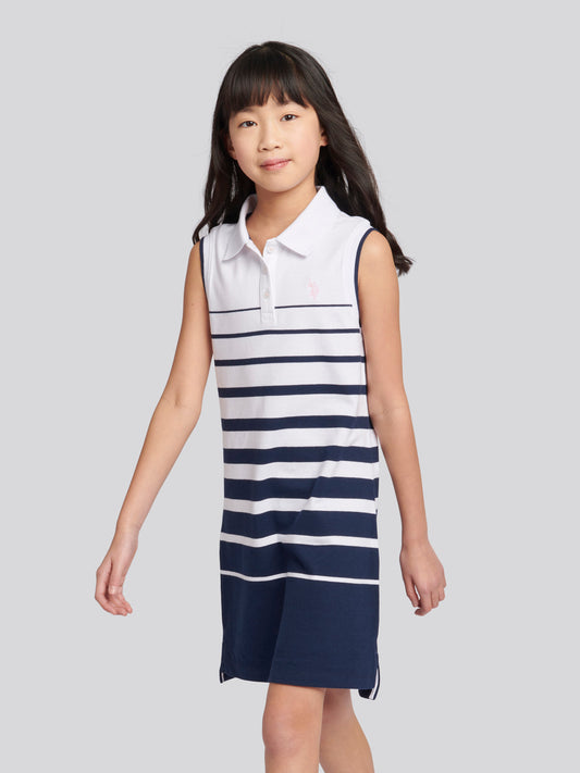 Girls Striped Sleeveless Polo Dress in Navy Iris