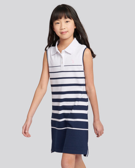 Girls Striped Sleeveless Polo Dress in Navy Iris