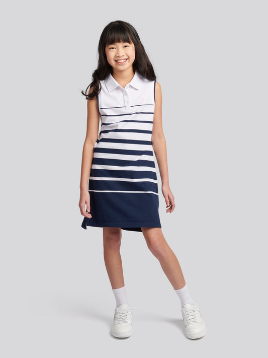 Girls Striped Sleeveless Polo Dress in Navy Iris
