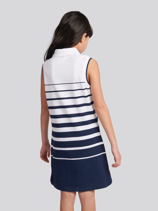Girls Striped Sleeveless Polo Dress in Navy Iris