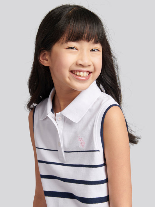 Girls Striped Sleeveless Polo Dress in Navy Iris