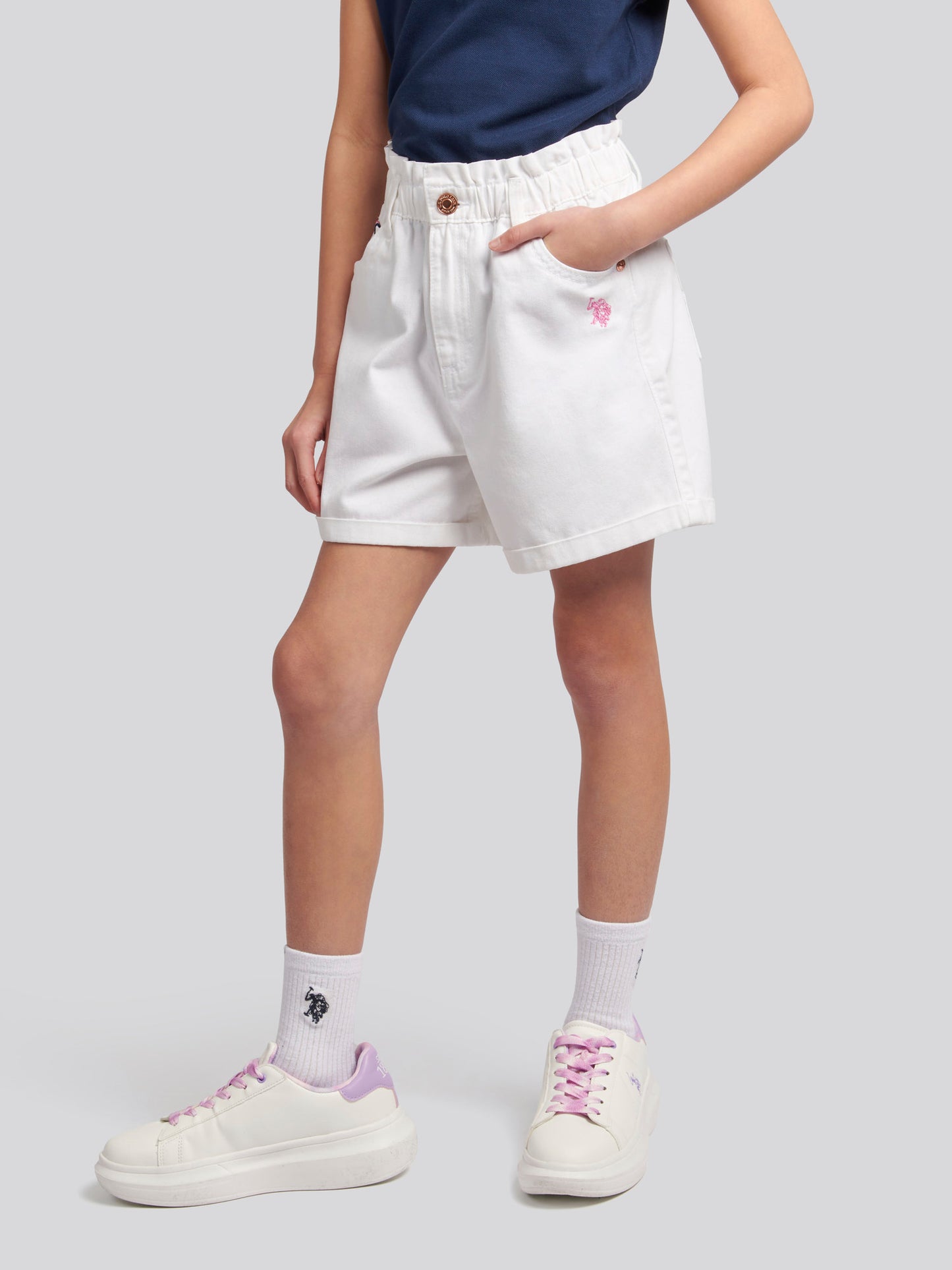 Girls Paperbag Waist Twill Shorts in Bright White