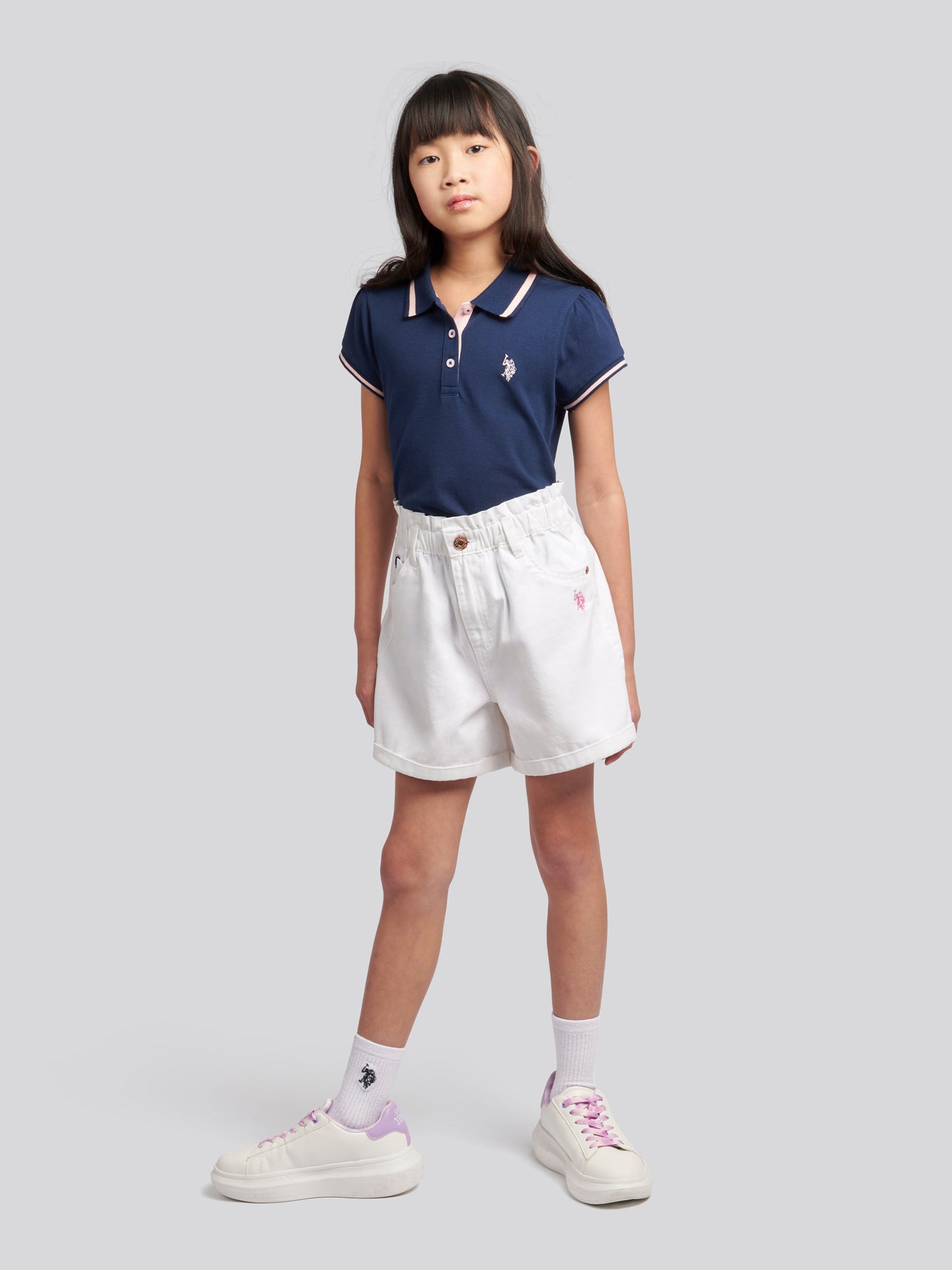 Girls Paperbag Waist Twill Shorts in Bright White