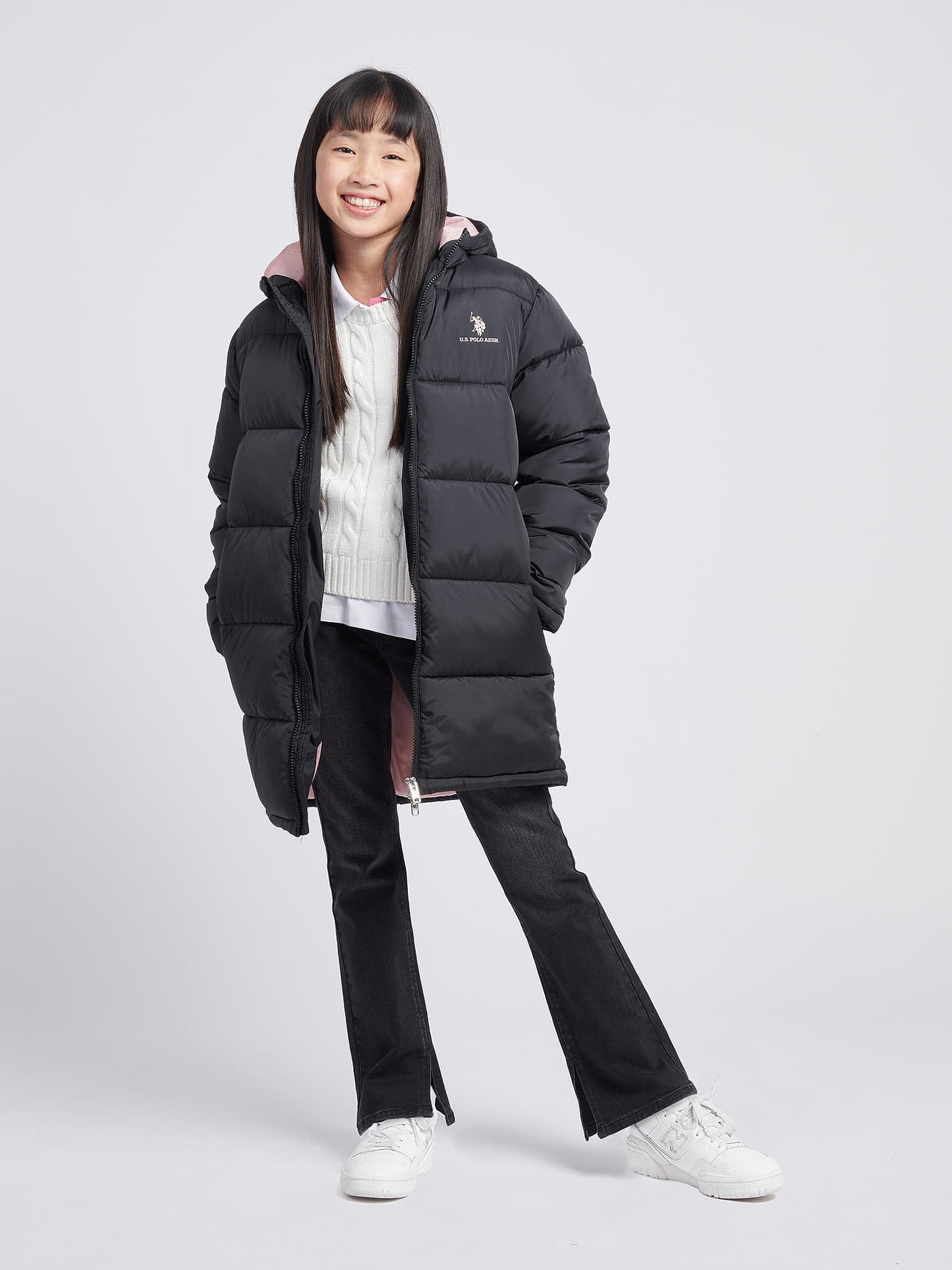 Girls Longline Puffer Jacket in Black