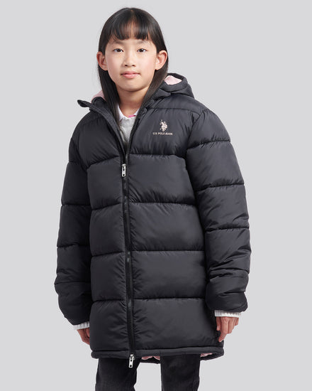 Girls Longline Puffer Jacket in Black