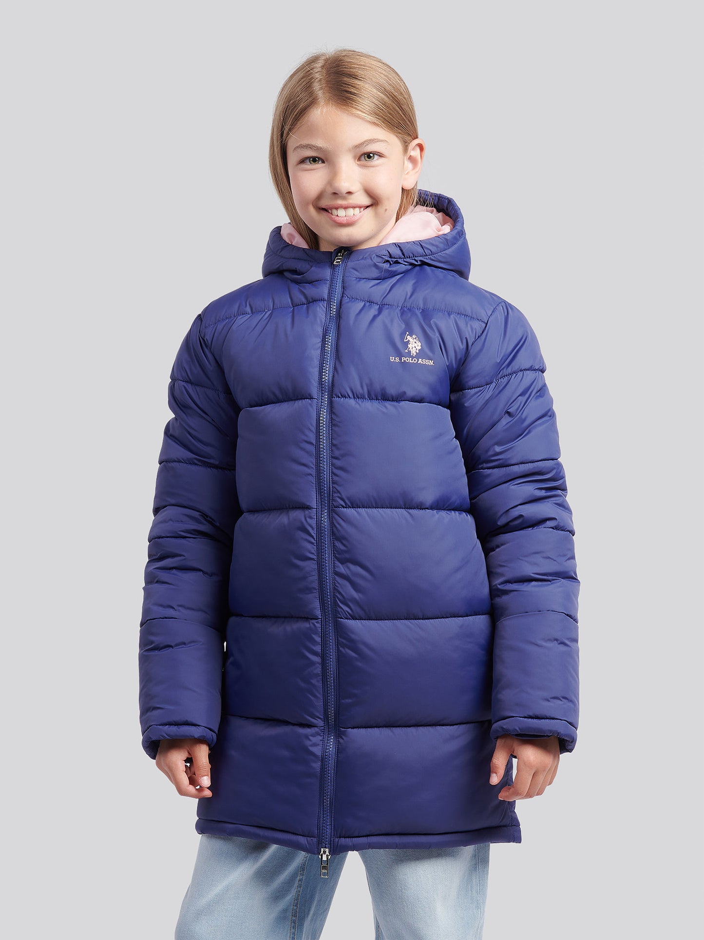 Girls Longline Puffer Jacket in Midnight Blue