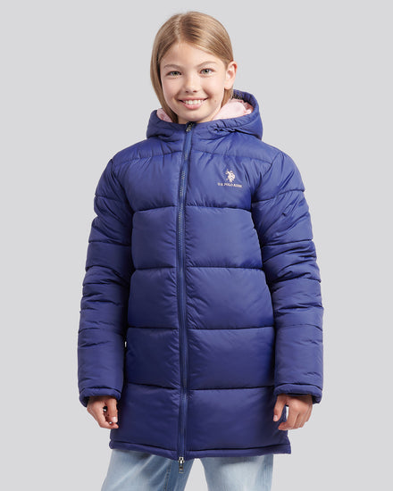 Girls Longline Puffer Jacket in Midnight Blue