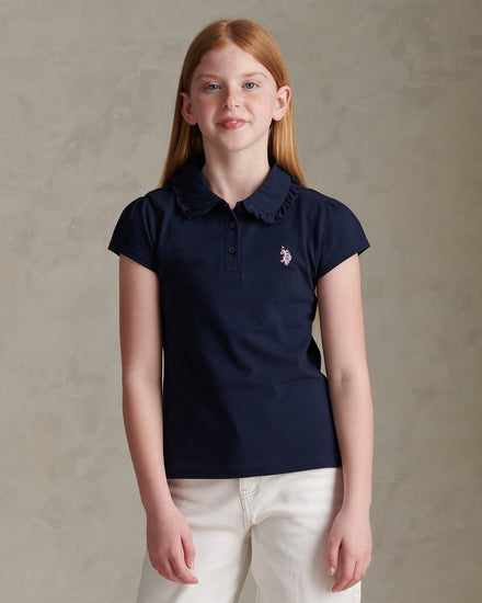Girls Frill Collar Pique Polo Shirt Navy Iris