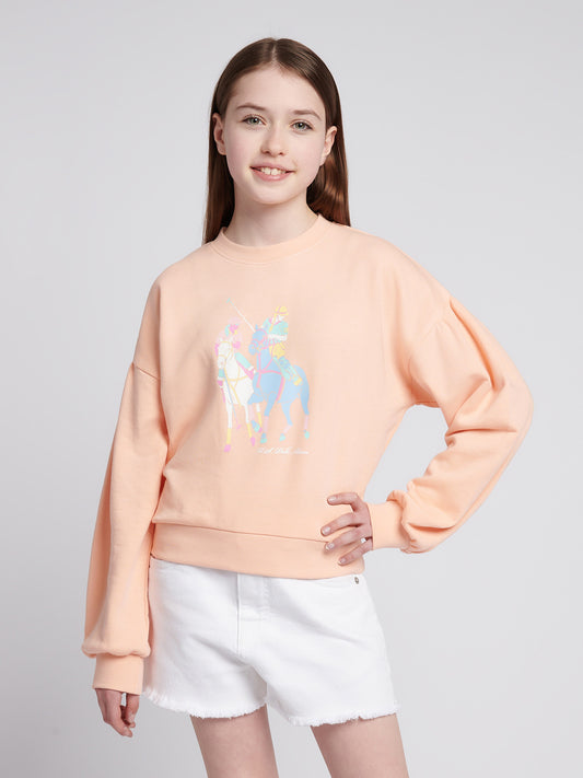Girls Double Horsemen Puff Sleeve Sweat in Peach Nectar