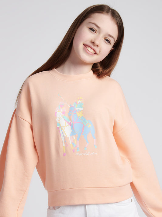 Girls Double Horsemen Puff Sleeve Sweat in Peach Nectar