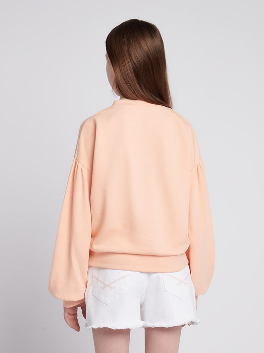Girls Double Horsemen Puff Sleeve Sweat in Peach Nectar